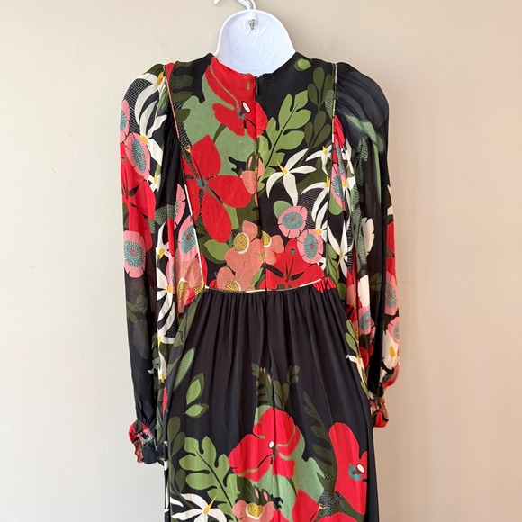 Farm Rio Anthropologie Floral Maxi Dress Black Red VNeck Long Sleeve Small Boho - Picture 8 of 16